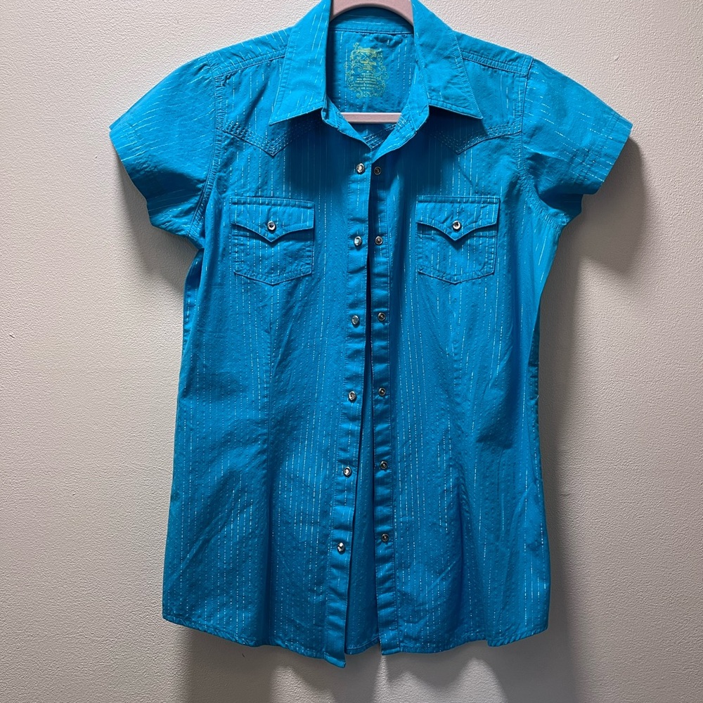 Twenty X Ultrafit Jewel Snap Short Sleeve Western Chic Blouse, W, Sz M, Aqua